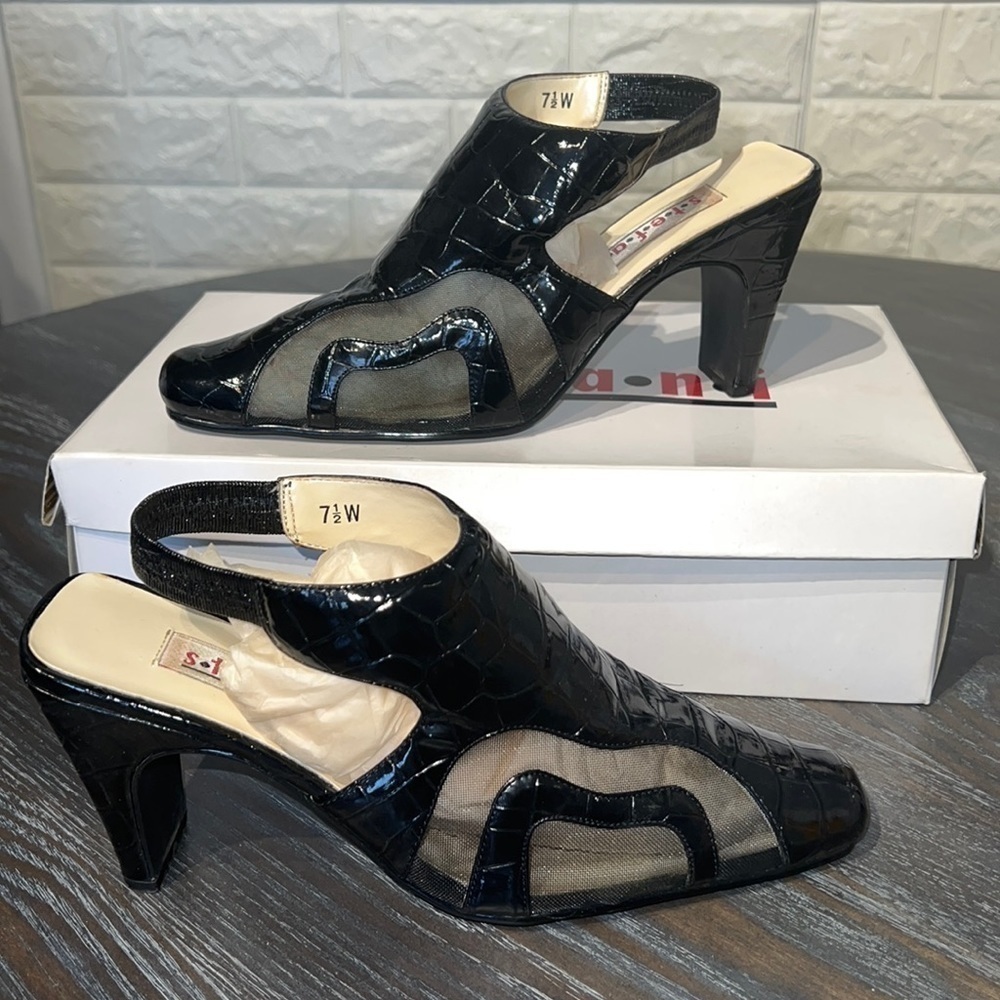Stefani Duke sling back black mesh patent heels (7 1/2)